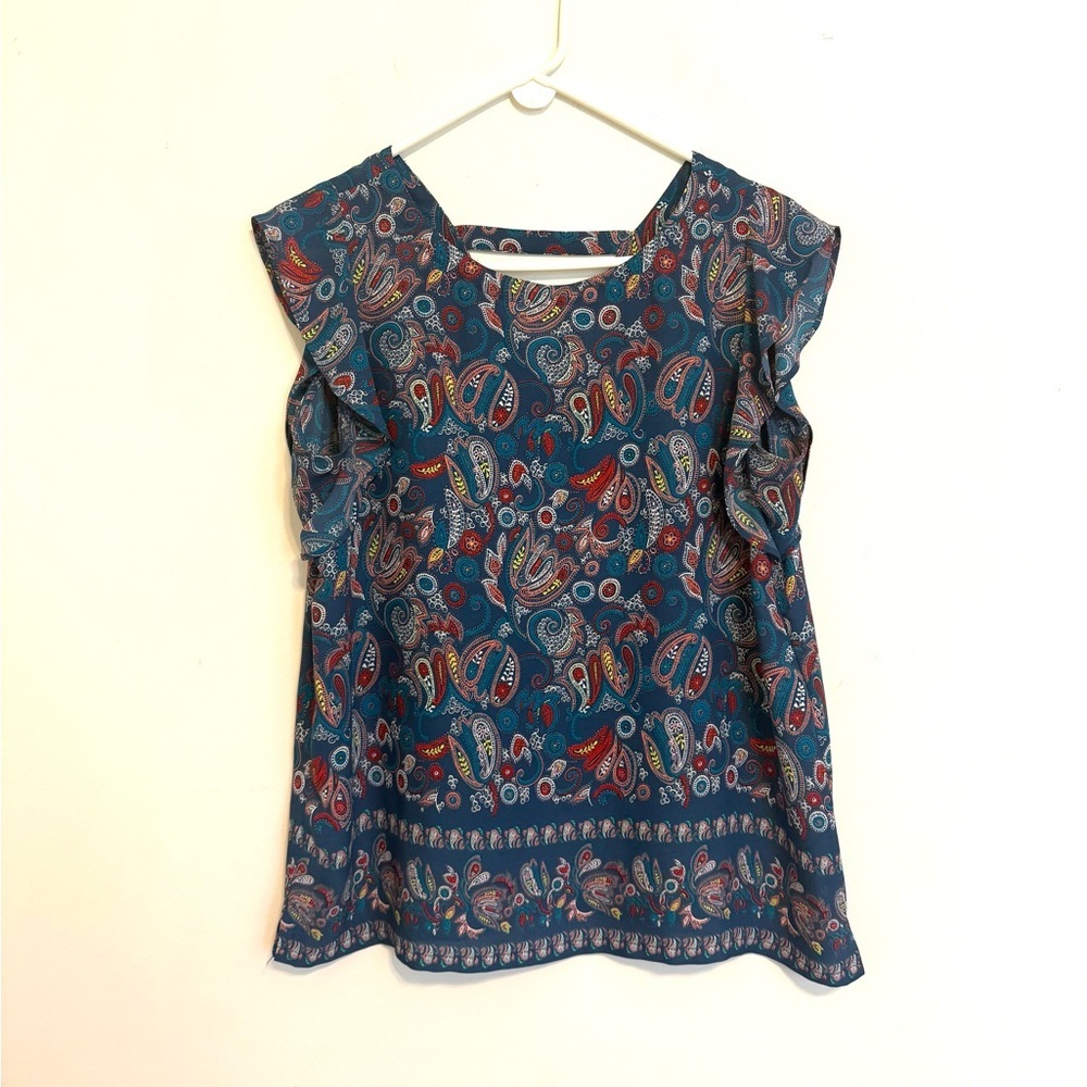 2/$30 LOFT - Colorful Blue Paisley Print Short Sleeve Blouse Size Medium - Picture 9 of 11